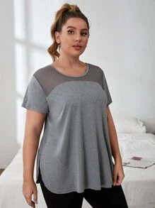 Gameset SHEIN Sport Áo thể thao Plus Size Tương phản Mesh màu trơn - Xám - Xem 3