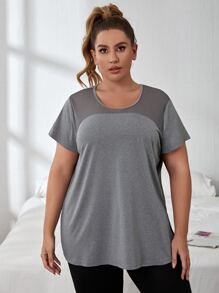 Gameset SHEIN Sport Áo thể thao Plus Size Tương phản Mesh màu trơn - Xám - Xem 4