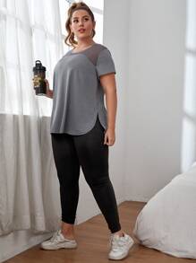 Gameset SHEIN Sport Áo thể thao Plus Size Tương phản Mesh màu trơn - Xám - Xem 5