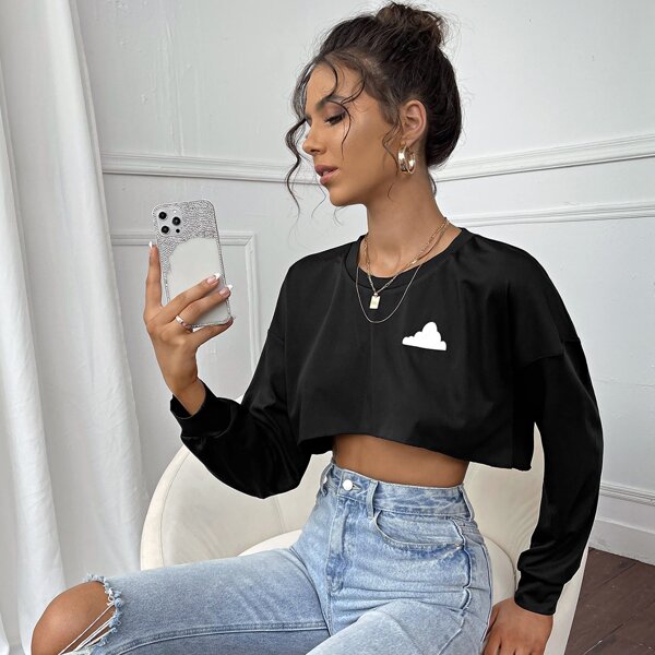 

Clouds Print Drop Shoulder Crop Sweatshirt, Black