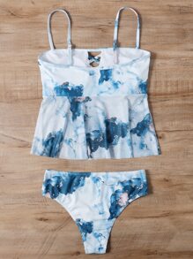 Marble Print Ruffle Hem Tankini Summer Beach - Multicolor - View 2