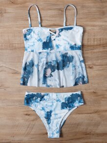 Marble Print Ruffle Hem Tankini Summer Beach - Multicolor - View 3