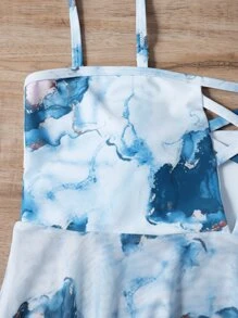 Marble Print Ruffle Hem Tankini Summer Beach - Multicolor - View 5