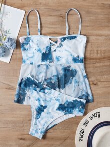 Marble Print Ruffle Hem Tankini Summer Beach - Multicolor - View 6