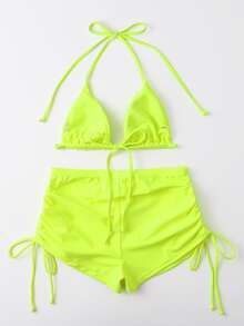 Neon Lime Triangle Shorts Bikini - Yellow - View 2
