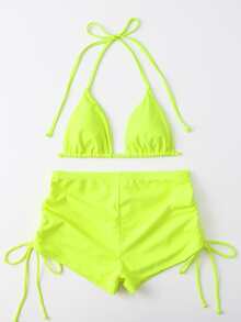 Neon Lime Triangle Shorts Bikini - Yellow - View 3