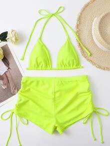 Neon Lime Triangle Shorts Bikini - Yellow - View 6