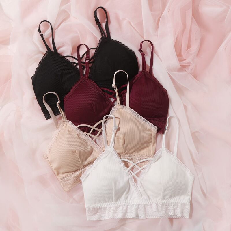 

4pack Contrast Lace Rib Bralette Set, Multicolor