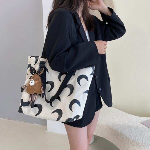 

Doll Decor Moon Graphic Shoulder Tote Bag, Beige