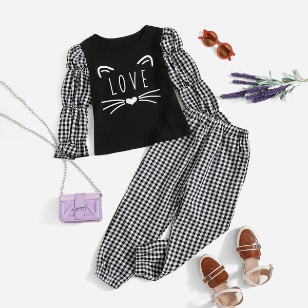 

Toddler Girls Gingham & Letter Graphic Gathered Sleeve Top & Pants, Black and white
