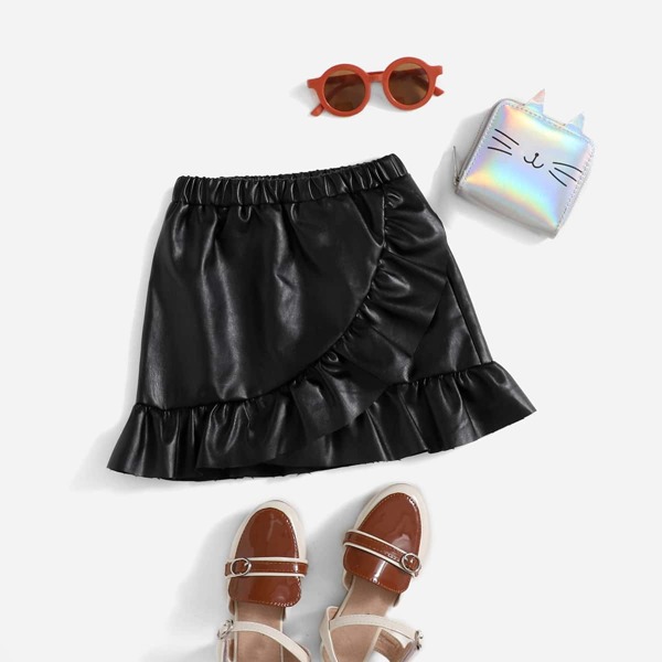

Toddler Girls Ruffle Hem Wrap PU Leather Skirt, Black