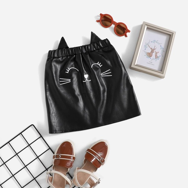 

Toddler Girls Cartoon Embroidery 3D Ears PU Leather Skirt, Black