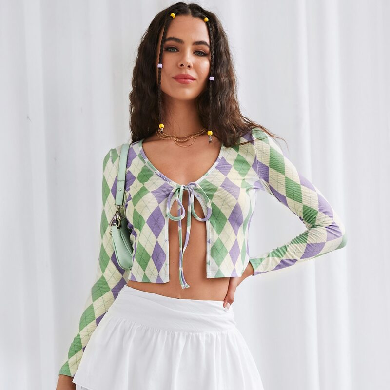 

Argyle Print Tie Front Crop Top, Multicolor