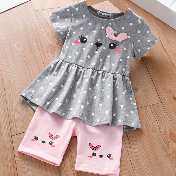 

Toddler Girls Cartoon & Polka Dot Print Tee & Shorts, Multicolor