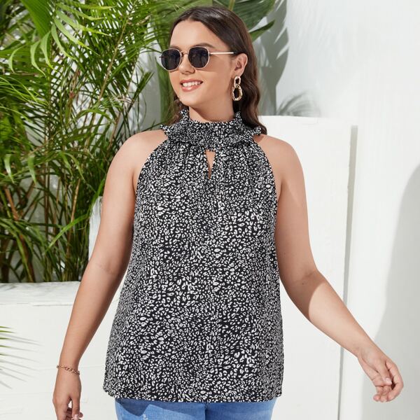

Plus Leopard Shirred Halter Top, Black and white