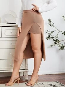 SHEIN Unity Váy len nửa mảnh Tách cao màu trơn Thanh lịch - Màu be - Xem 1