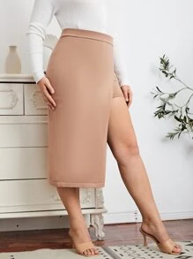 SHEIN Unity Váy len nửa mảnh Tách cao màu trơn Thanh lịch - Màu be - Xem 4