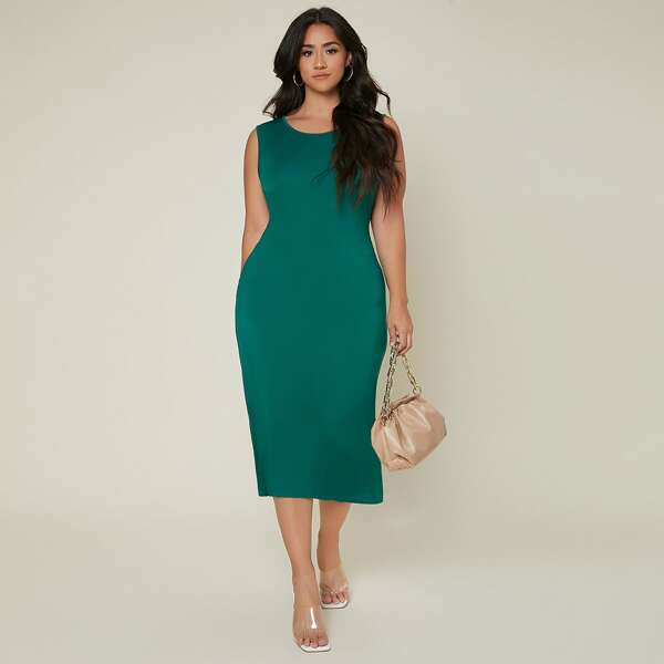 

Plus Scoop Neck Slit Hem Bodycon Dress, Dark green