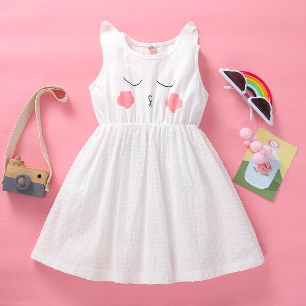 

Toddler Girls Cartoon Graphic Swiss Dot Smock Dress, White