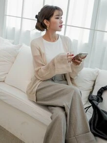 DAZY Solid Drop Shoulder Cardigan - Apricot - View 1