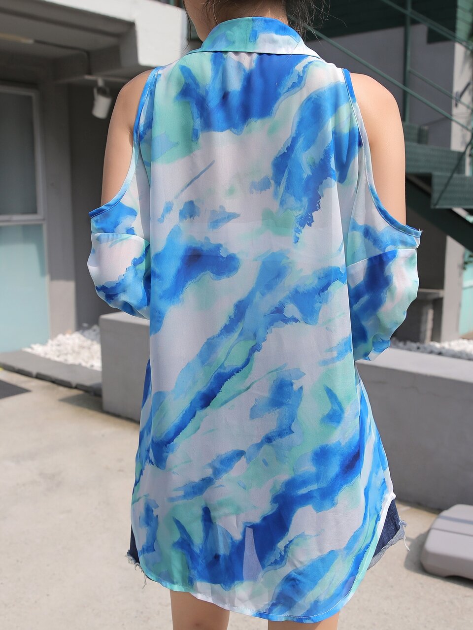 Tie Dye Cold Shoulder Button Front Blouse