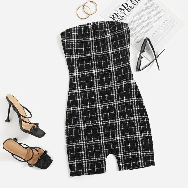 

Plaid Print Unitard Romper, Black and white