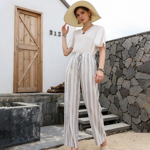 

Striped Knot Waist Pants, White