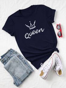 SHEIN LUNE 大碼字母和卡通圖案圓領T恤 - 藏蓝色 - 查看 1