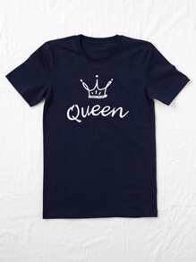 SHEIN LUNE 大碼字母和卡通圖案圓領T恤 - 藏蓝色 - 查看 3