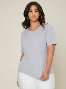SHEIN BASICS Plus Size Solid Round Neck Short Sleeves Tee For Summer - Light Grey - View 1