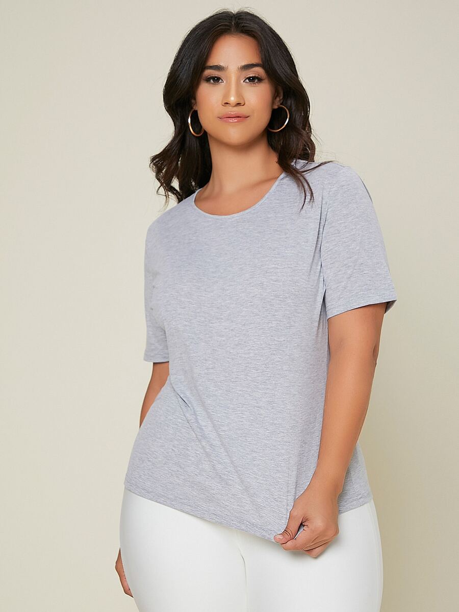 SHEIN BASICS Plus Size Solid Round Neck Short Sleeves Tee For Summer - Light Grey - View 1