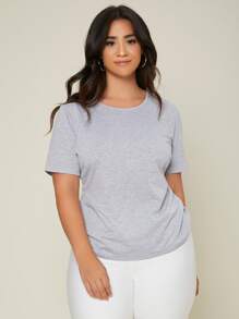 SHEIN BASICS Plus Size Solid Round Neck Short Sleeves Tee For Summer - Light Grey - View 4