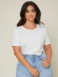 SHEIN BASICS Plus Solid Round Neck Tee Summer Tops