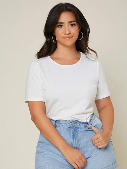SHEIN BASICS Plus Solid Round Neck Tee Summer Tops