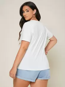 SHEIN BASICS Plus Solid Round Neck Tee - White - View 2