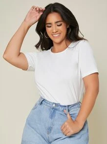 SHEIN BASICS Plus Solid Round Neck Tee - White - View 3