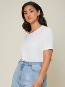 SHEIN BASICS Plus Solid Round Neck Tee - White - View 4