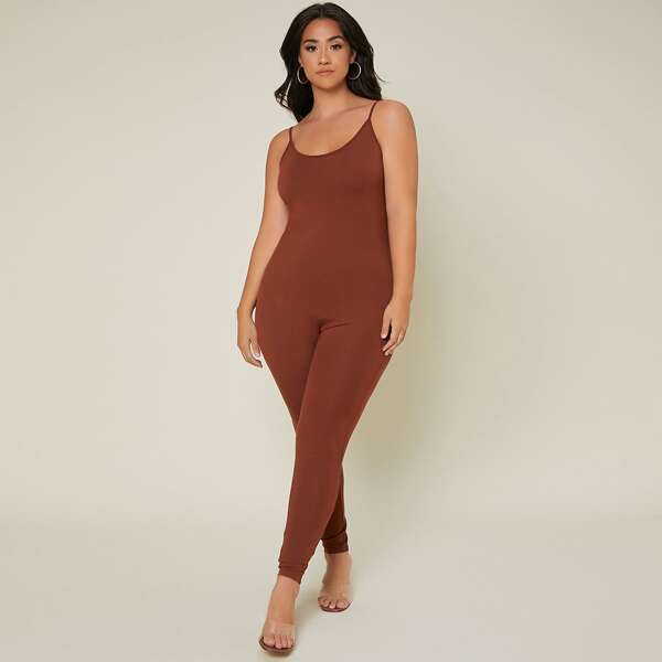 

Plus Solid Unitard Jumpsuit, Rust brown