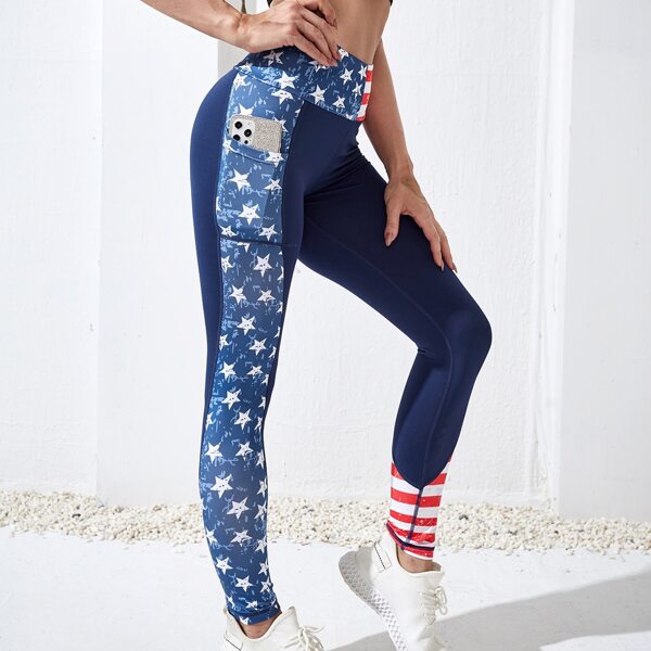 

Absorbs Sweat Star Print Sports Leggings, Navy blue