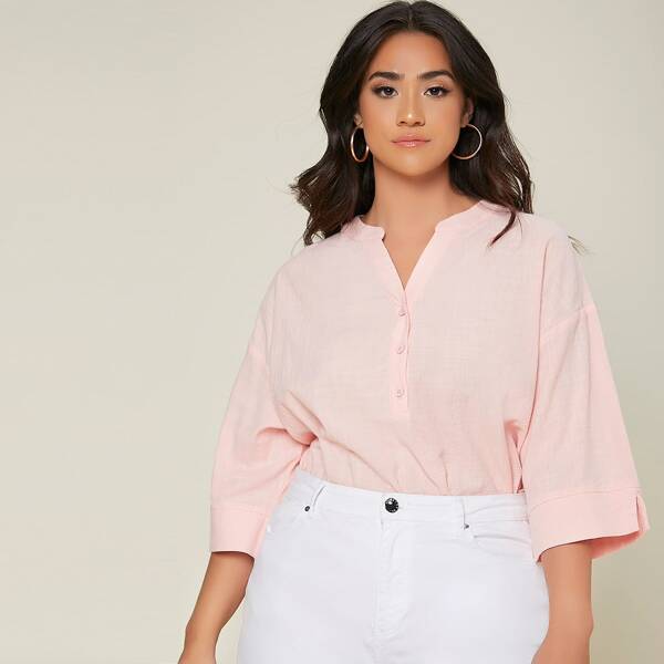 

Plus Half Button Drop Shoulder Top, Baby pink