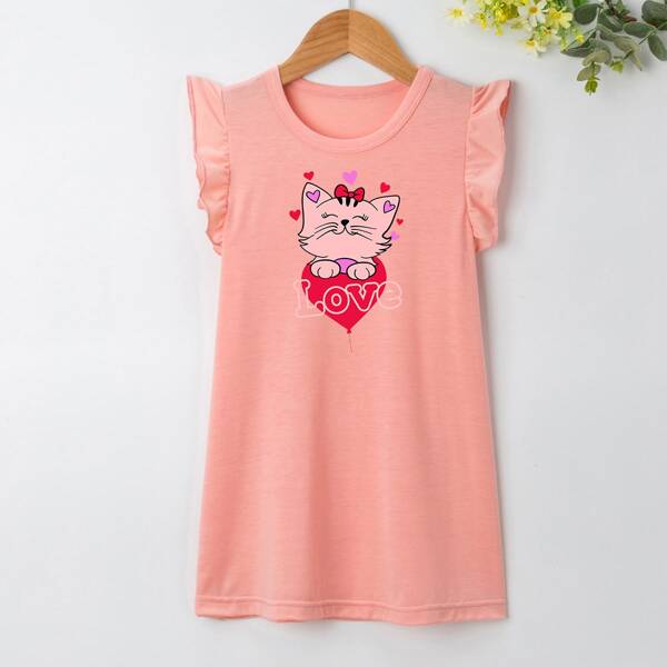 

Toddler Girls Cartoon & Letter Graphic Tee Dress, Coral pink