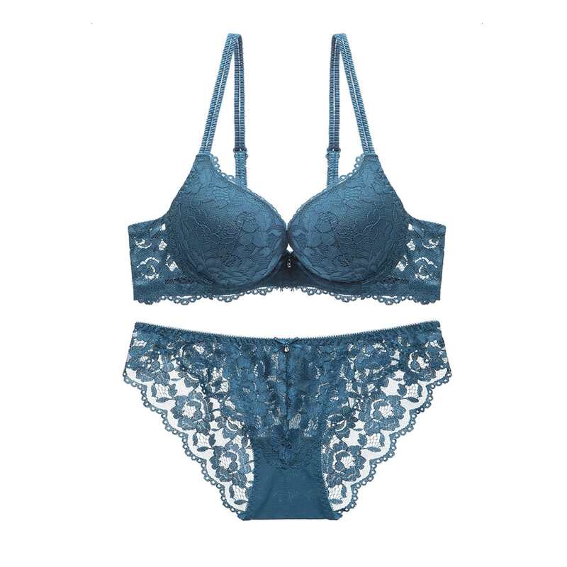 

Lace Underwired Thick Bra and Floral Panty Set, Teal blue