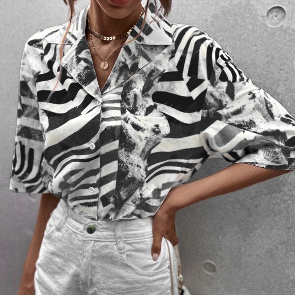 

Allover Print Button Front Drop Shoulder Blouse, Black and white