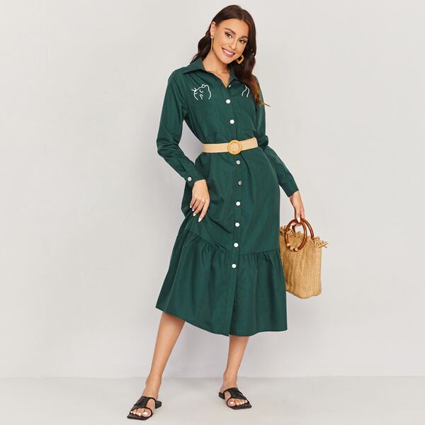 

Cat Print Belted Ruffle Hem Shirt Dress, Dark green
