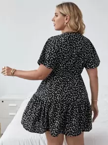 SHEIN LUNE Plus Surplice Front Allover Print Dress For Summer - Black - View 2