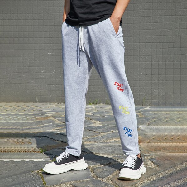 

Men Slogan Graphic Drawstring Waist Sweatpants, Light grey