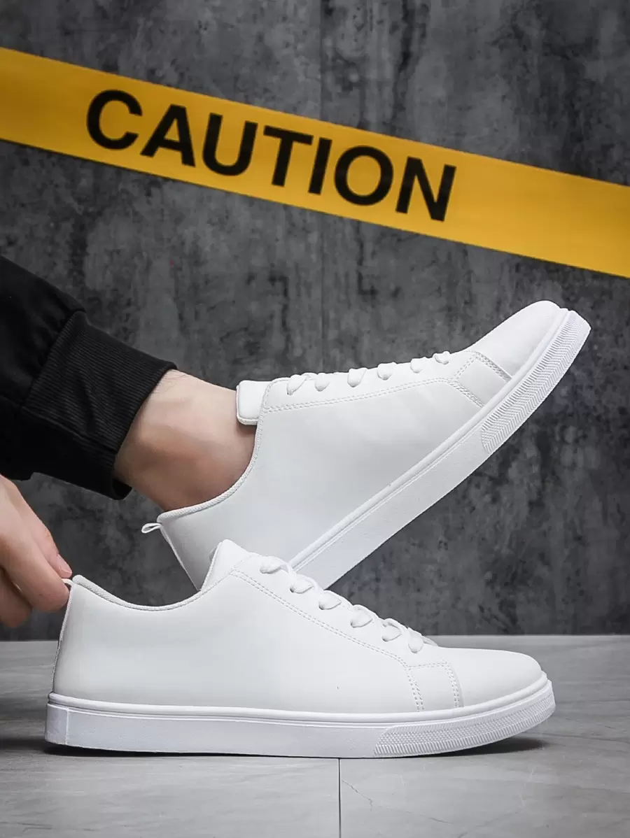 Men Minimalist Lace-Up Front Skate Shoes, Sporty Outdoor Sneakers Men Business Shoes Valentines - 白色 - 查看 1