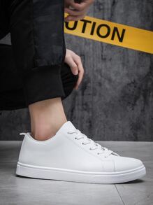 Men Minimalist Lace-Up Front Skate Shoes, Sporty Outdoor Sneakers Men Business Shoes Valentines - 白色 - 查看 3