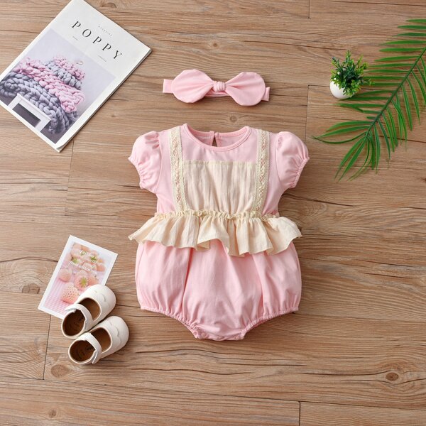 

Baby Girl Contrast Ruffle Bodysuit With Headband, Baby pink
