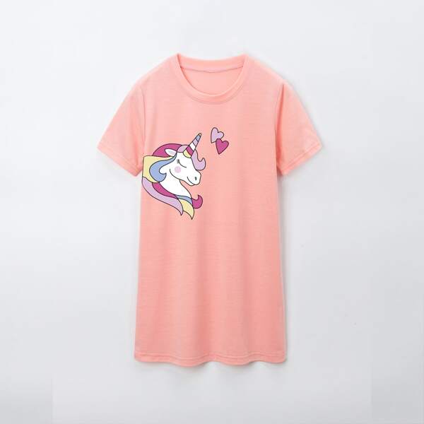 

Ночная рубашка с принтом сердечка и единорога для девочек, Кораллово-розовый